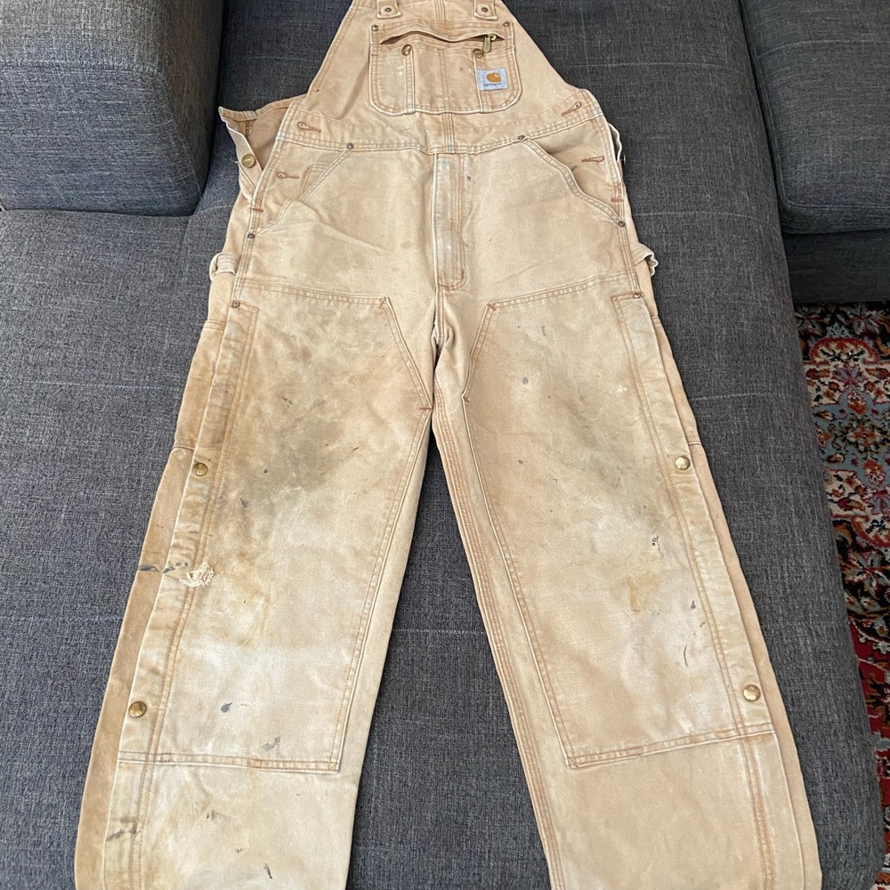 Vintage distressed Carhartt Work Overalls, side zipper legs, front cargo pocket
